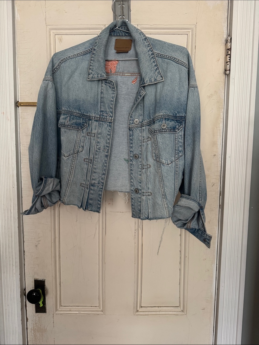American Eagle Outfitters Light Blue Oversized Cropped Denim Jacket